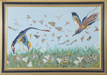 Uccelli lira, tecniche miste, cm. 90x60