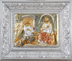Annunciazione, foglia d'oro su bassorilievo in gesso resina cm. 32x25